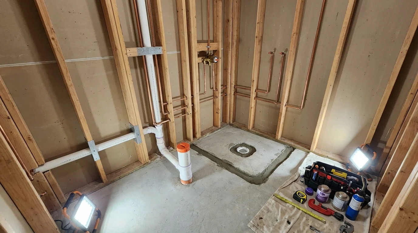 Bathroom rough-in plumbing during remodel by Johns Plumbing LLC in Pequot Lakes