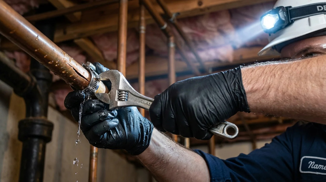 Emergency pipe clamp repair being performed by a Johns Plumbing LLC plumber in Pequot Lakes