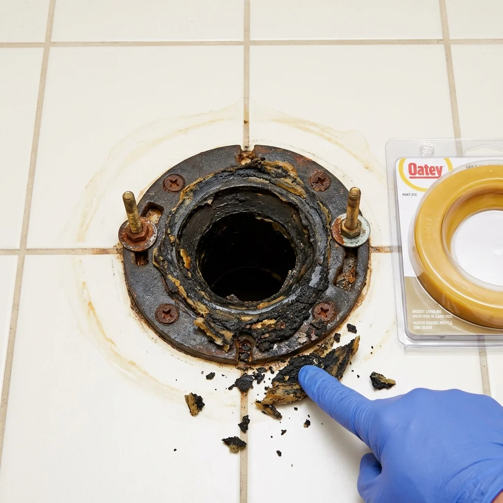 Failed wax ring showing water seepage at the base of a toilet in a Pequot Lakes, MN home