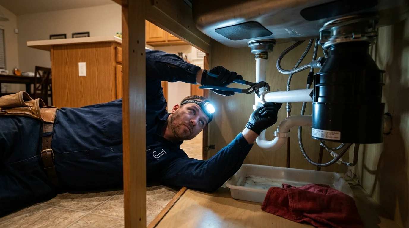 P-trap and supply line connections under a kitchen sink showing a common leak point in Pequot Lakes, MN